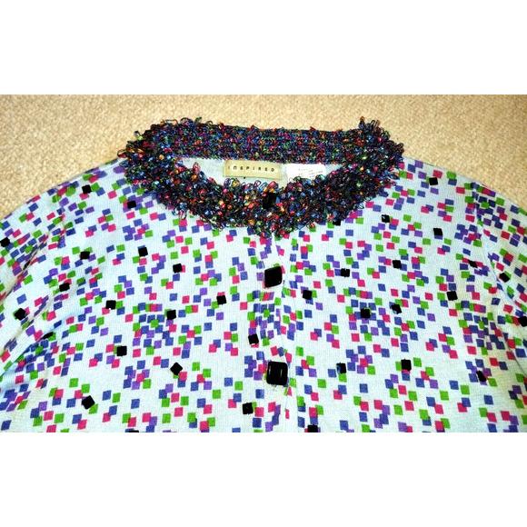 Womens Sweater-BELLEPOINTE-blue/multicolor patterned linen/rayon cardigan ls-S/M - Picture 2 of 4